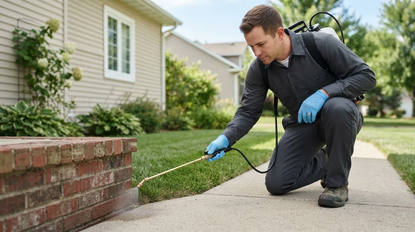 Pest control technician treating a home near Pigeon, MI
